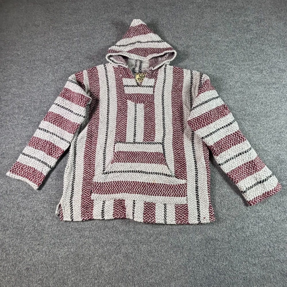Baja Joe Sweater Womens Large Red White Striped Chunky Knit Hooded Pullover